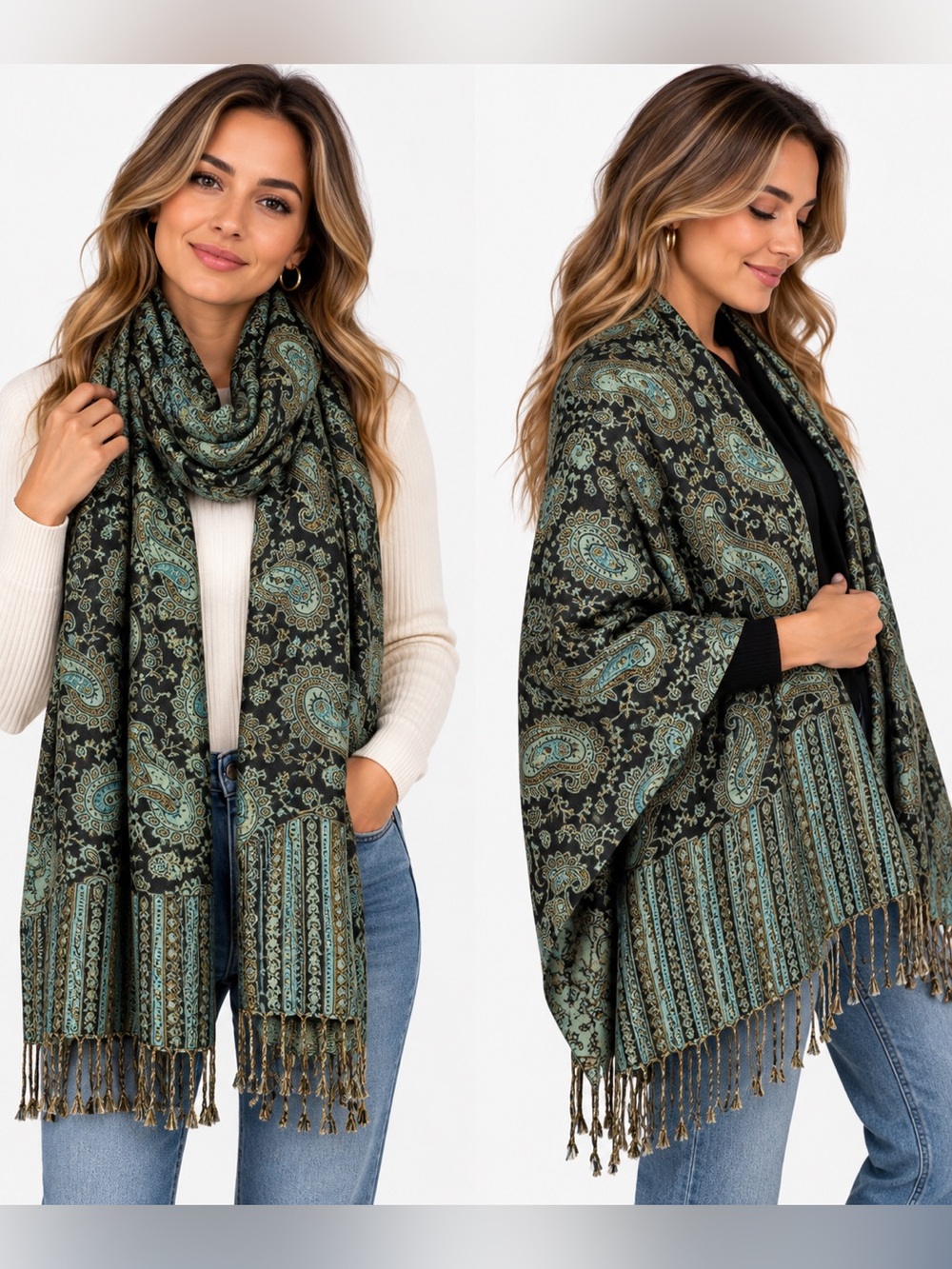 Printed Paisley scarf wrap in Teal and Black
